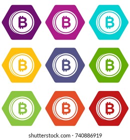 Coin bat icon set many color hexahedron isolated on white vector illustration