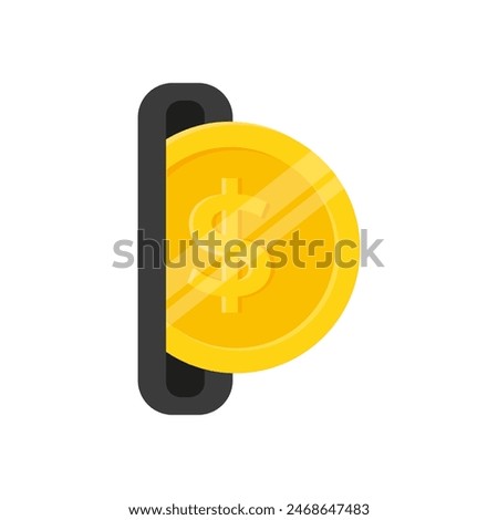 Coin being inserted into slot machine or vending machine flat vector illustration isolated on white background. Coin slot icon, arcade, casino, vending machine coin acceptor