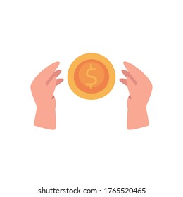 Coin between hands flat style money icon . Financial banking commerce and market theme Vector illustration