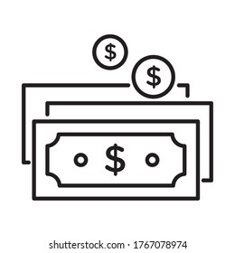 coin and bill dollar with arrows payment online line style vector illustration design