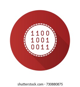 Coin with binary code flat design long shadow glyph icon. E-currency. Vector silhouette illustration