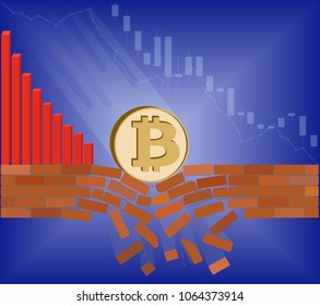 coin of bitcoin falls down with drop chart on a blue background. Crypto currency breaks through the brick wall of support.Vector image design concept