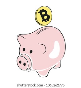 Coin Bitcoin falls into the piggy bank. Vector illustration on a business theme.