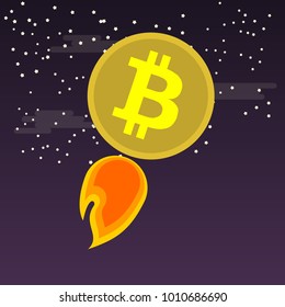 Coin bitcoin flies up into space. Rapid growth of the rate.