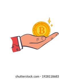 La moneda de bitcoin coge la mano. Moneda criptográfica de minería. Dinero digital. Diseño plano de ilustración vectorial. criptodivisa de Blockchain. Aislado sobre fondo blanco. Dinero de ganancia virtual.