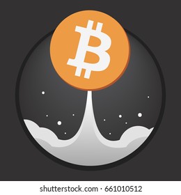 Coin bitcoin is like a Rocket with a plume against the dark sky.  Dark background.  Editable eps10 vector.