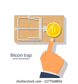 Coin bitcoin in a mousetrap. Money trap crypto currency.  Blockchain cryptocurrency. Mousetrap with golden coin. Hand reaching for free money. Vector illustration flat design. Financial bait.