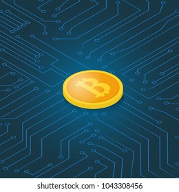 Coin bitcoin on a computer chip. Earnings cryptocurrency. Vector illustration .