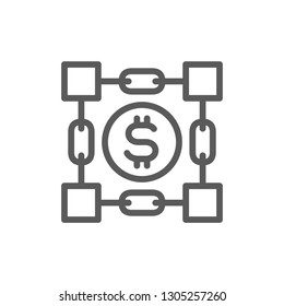 Coin with blockchain, cryptocurrency, bitcoin, digital key line icon.
