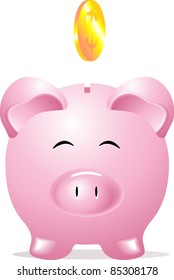 Coin box in the form of a pink pig and a dollar coin