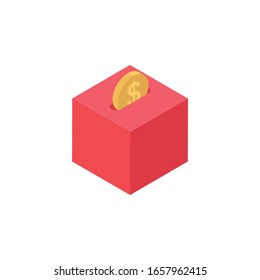 Icono plano isométrico de caja de monedas. Ilustración de color vectorial 3d. aislado sobre fondo blanco
