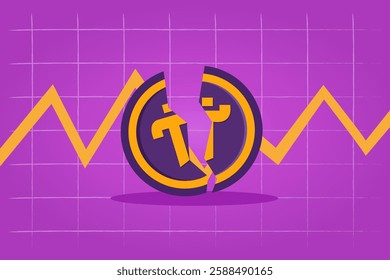 Coin breaking apart. Stock market style graph, crash, failing. Pi. Vector illustration.