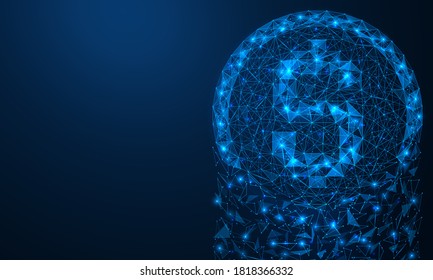 La moneda se rompe en partículas con fragmentos y se cae. Crisis financiera global. Construcción poligonal de líneas y puntos concatenados. Fondo azul.