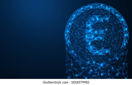 The coin breaks up into particles with fragments and falls down. European financial crisis. The collapse and crash of the currency. Polygonal construction of concatenated lines and points.