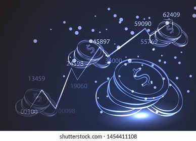 coin .business economy. wireframe in dark blue and background. luminosity, light, dots, economy concept illustration or background, presentation, chart.