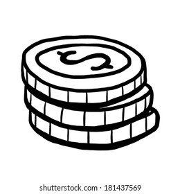 coin / cartoon vector and illustration, black and white, hand drawn style, black and white image, isolated on white background.
