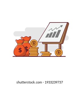 coin cartoon vector illustration design, money bag and statistics board, financial statistics design concept