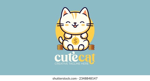 Fortuna de gato de moneda: Ilustración vectorial del gato afortunado con moneda - Maneki Neko - para logotipo, icono, diseño, afiche, volante y publicidad