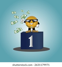 Coin Character becomes winner, Celebrating on Podium with Cash Money flying,vector illustration