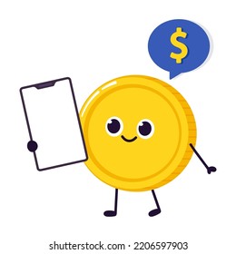 Coin character design. Glad. Coin and Smart phone cartoon vector. Black for text.