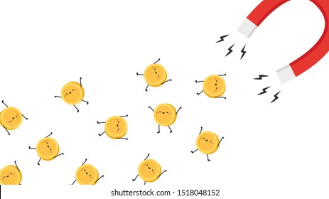 Coin character and magnet vector. wallpaper. free space for text. copy space.