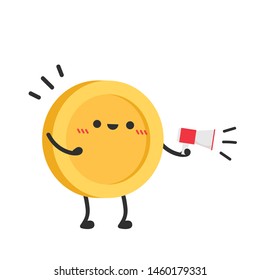 coin character. wallpaper. free space for text. coin vector. coin up vector. megaphone vector.