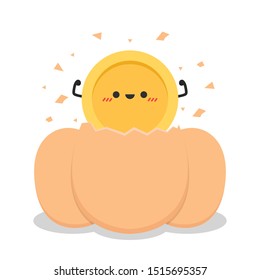Coin character. wallpaper. free space for text. coin vector. Coin in egg. broken egg.