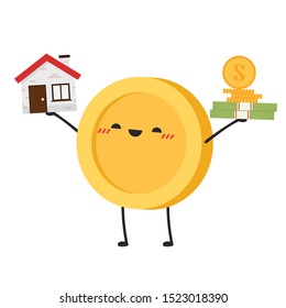 Coin character. wallpaper. free space for text. coin vector. house vector.