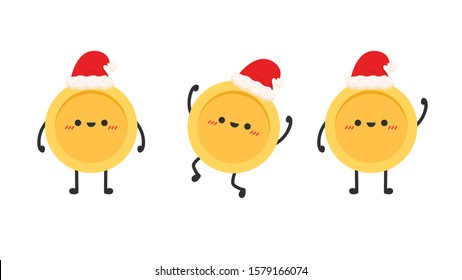 Coin character. wallpaper. free space for text. coin vector. Santa hat vector.