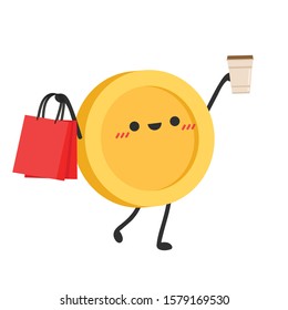 Coin character. wallpaper. free space for text. coin vector. paper bag vector.