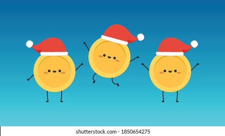 Coin character. wallpaper. free space for text. coin vector. Santa hat vector.