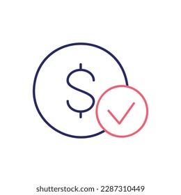 Coin with check mark, best choice, quality control, approved outline color icon. Finance, payment, invest finance symbol design.
