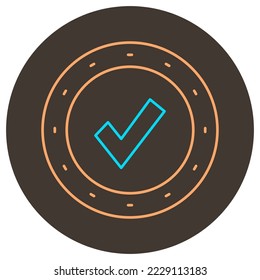 Coin checkmark icon outline. Two color icon on round background