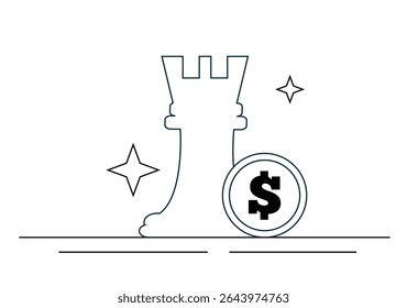 Coin and Chess Figure Money Tournament Game Line Art. Sports game and official competition with monetary reward vector