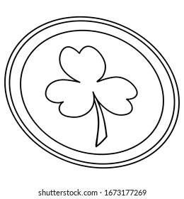 Coin with clover emblem. Sketch. Front view. The leaf of the plant is the symbol of Ireland. Trefoil. Vector illustration. Outline on isolated background. Coloring book for children. 