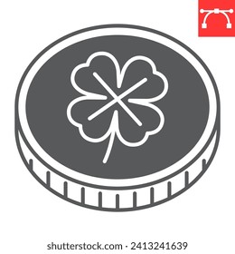 Coin clover glyph icon, St. Patrick's Day and holiday, four leaf on coin vector icon, vector graphics, editable stroke solid sign, eps 10.