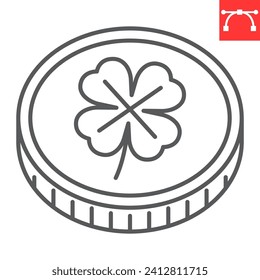 Coin clover line icon, St. Patrick's Day and holiday, four leaf on coin vector icon, vector graphics, editable stroke outline sign, eps 10.