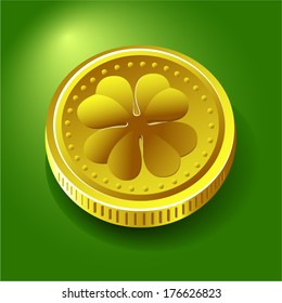 Coin with clover on green background. Vector Illustration