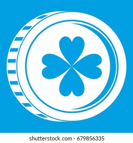 Coin with clover sign icon white isolated on blue background vector illustration