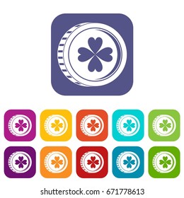 Coin with clover sign icons set vector illustration in flat style In colors red, blue, green and other