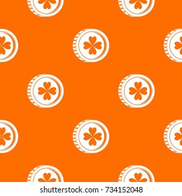 Coin with clover sign pattern repeat seamless in orange color for any design. Vector geometric illustration