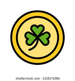 Coin with clover sign vector, Feast of Saint Patrick filled style icon editable outline