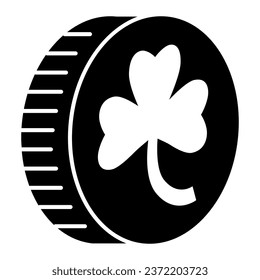 Coin with clover solid icon. Leprechauns gold lucky coins with four leaf glyph style pictogram on white background. Saint Patrick day wealth for mobile concept and web design. Vector graphics