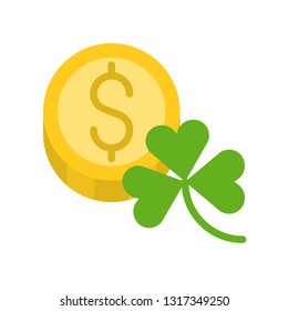 Coin with clover vector, Feast of Saint Patrick flat style icon