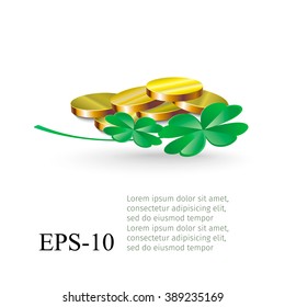 Coin and clovers isolated on a white background. Illustration for St. Patrick's day posters, greeting cards, print and web projects. Eps-10.