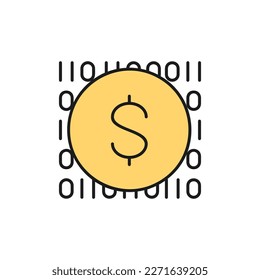 Coin with code, digital money, e-money, mobile payment color lineal icon. Finance, payment, invest finance symbol design.