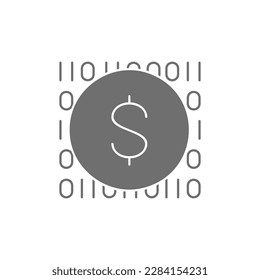 Coin with code, digital money, e-money, mobile payment grey fill icon. Finance, payment, invest finance symbol design.