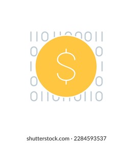 Coin with code, digital money, e-money, mobile payment white outline icon. Finance, payment, invest finance symbol design.