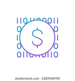 Coin with code, digital money, e-money, mobile payment gradient lineal icon. Finance, payment, invest finance symbol design.