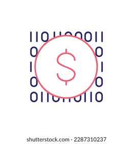 Coin with code, digital money, e-money, mobile payment outline color icon. Finance, payment, invest finance symbol design.